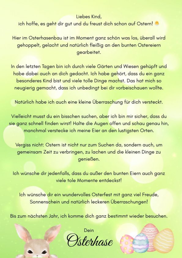 Brief vom Osterhasen an ein Kind, kostenloser Download