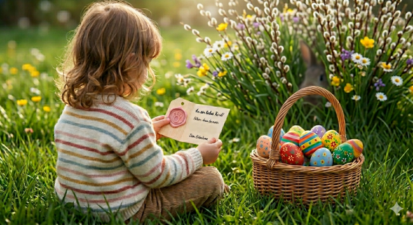 Kind liest Brief vom Osterhasen, Osterhase beobachtet aus dem Verseck