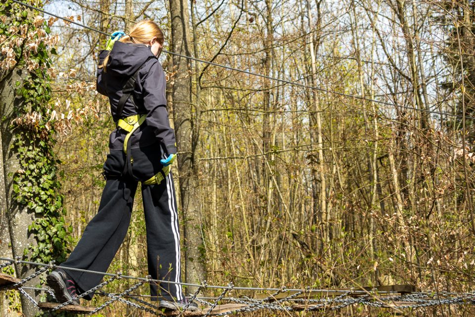 Kind balanciert im Kletterwald auf einer Seilbrücke