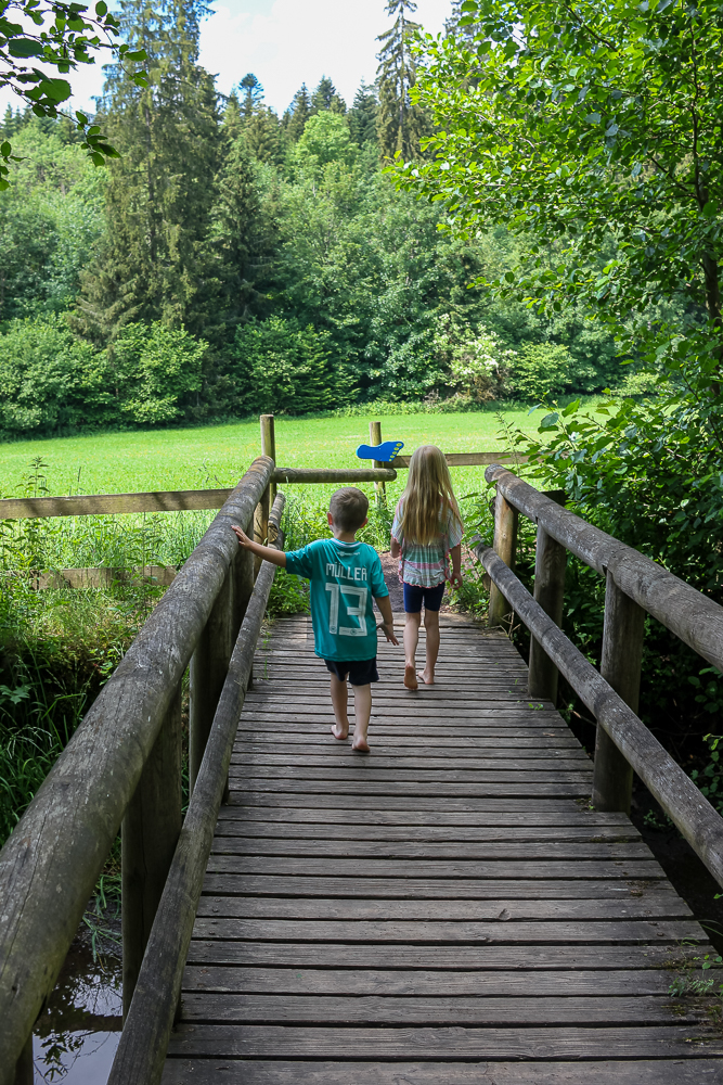 Kinder laufen über die Brücke im Barfußpark im Schwarzwald
