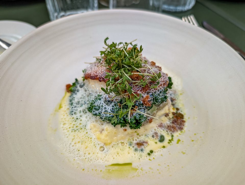 Zander mit grünem Gemüse, Kräutern und aufgeschäumter Sauce im Restaurant Sletten