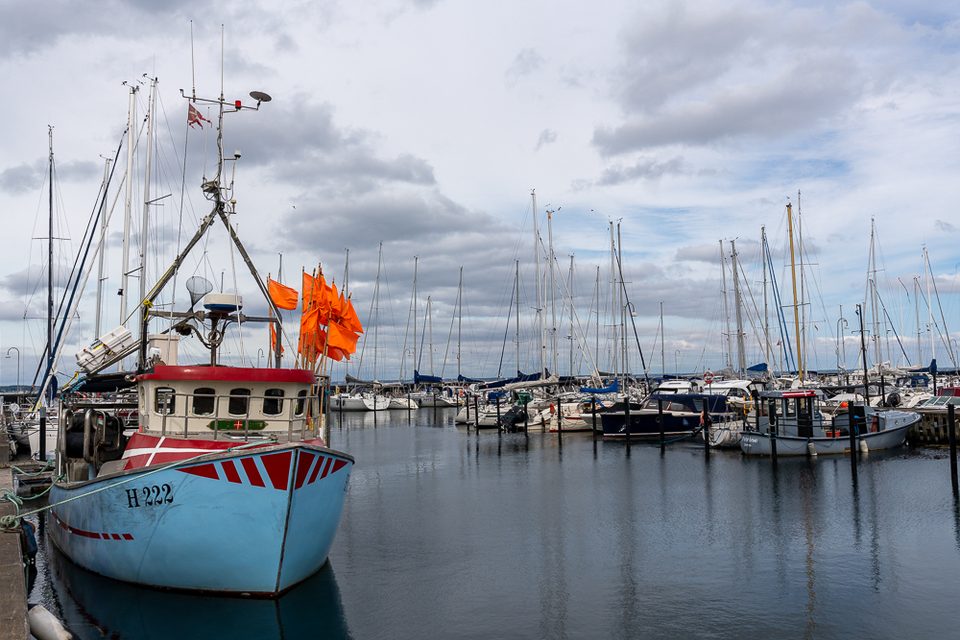 Hafen von Sletten mit Fischerboot und zahlreichen Segelbooten